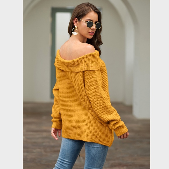 Ginger Yellow Off Shoulder Fold Over Sweater - Picture 2 of 7